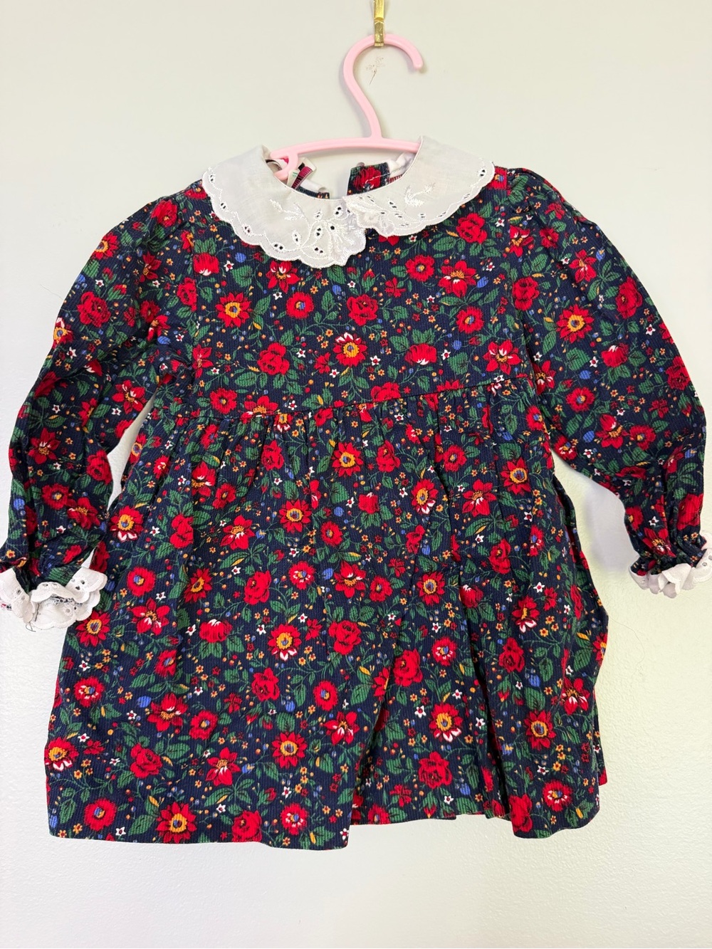 Girls Floral Corduroy Dress with Eyelet Collar - Red/Green